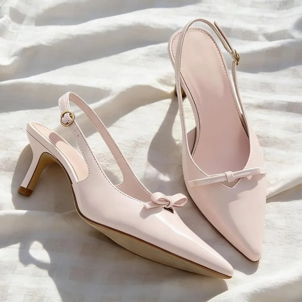 Women's Light Pink Slingback Kitten Heels Bow Ankle Strap Pointed Toe Heel